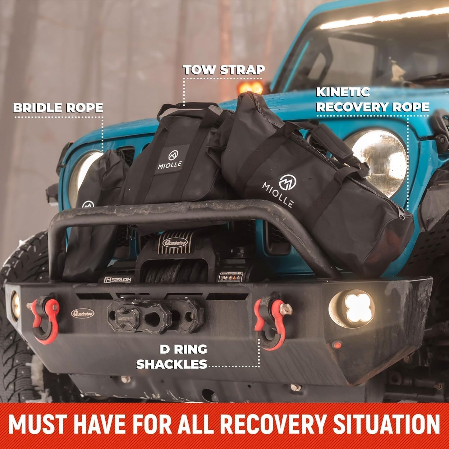 gear Tow Strap 4”X30’- 45000Lbs MBS Recovery Strap Kit Includes: Tow Rope, 2 D-Ring Shackles MBS- 62700LBS, Storage Case