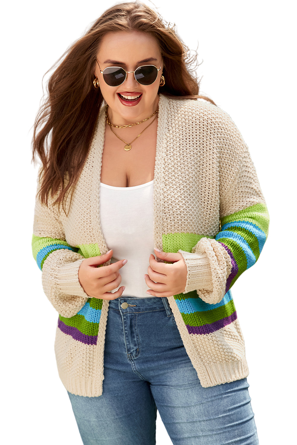 Parchment Color Block Crochet Open Front Plus Size Cardigan Garden Naked Curves