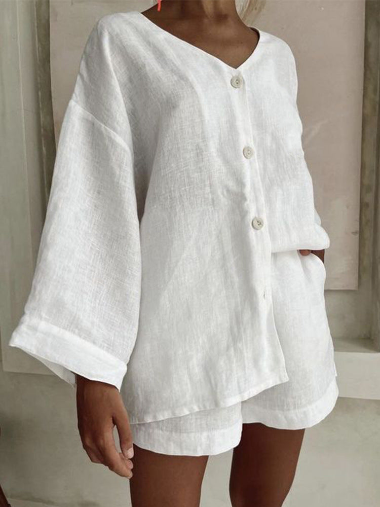 Women's Cotton Linen Shirt & Shorts Set – Long Sleeve, Button, Casual 2-Piece FitiqueFit