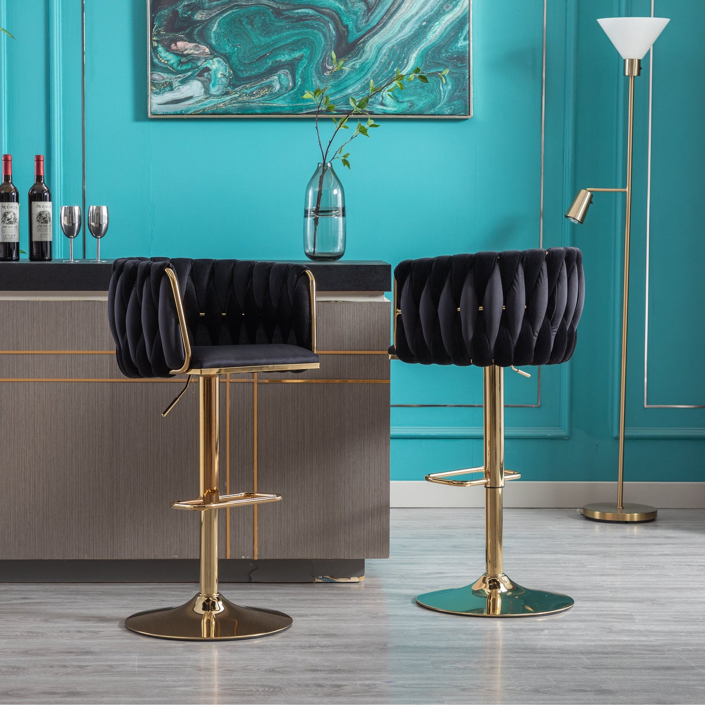 Set of 2 Bar Stools with Chrome Footrest and Base Swivel Height Velvet + Golden Leg Simple Bar Stool-Black V.I.P Digital Presence