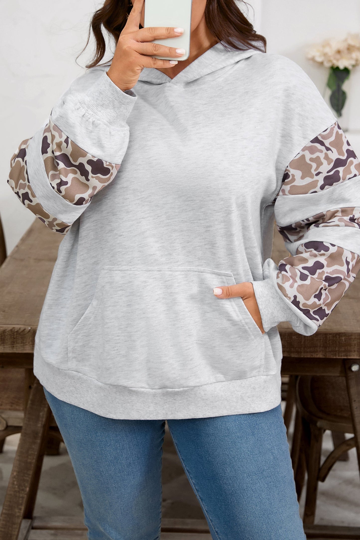 Light Grey Camouflage Patchwork Asymmetric Sleeve Plus Size Hoodie Garden Naked Curves