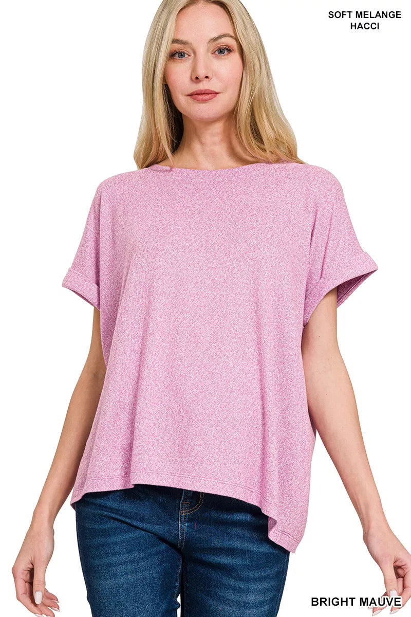 Zenana Soft Melange Hacci Short Sleeve Round Neck Top Montret