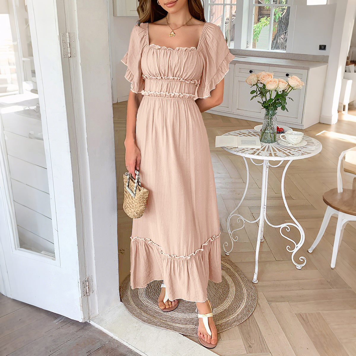 Leisure Vacation Style Stringy Selvedge Short Sleeve Dress Grayceful LLC