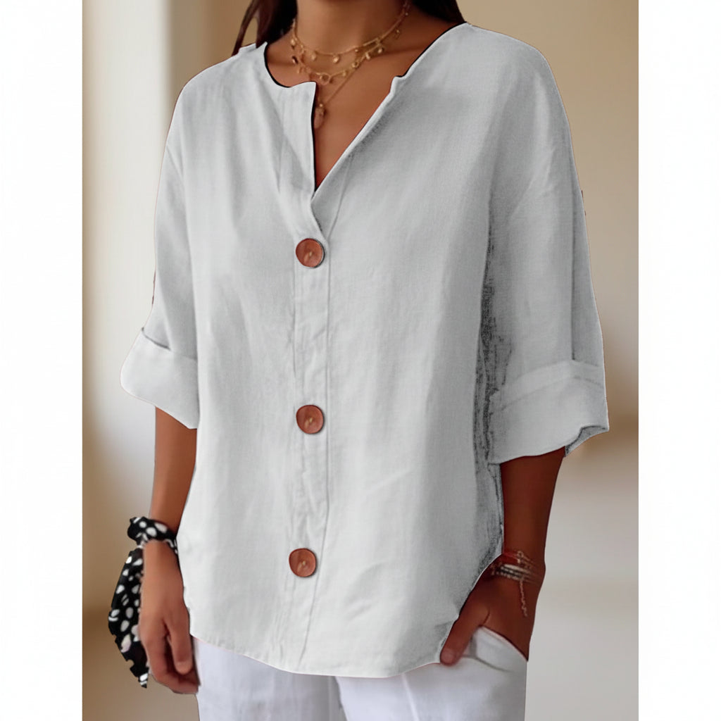Women's V-Neck Cotton Linen Buttoned Blouse FitiqueFit