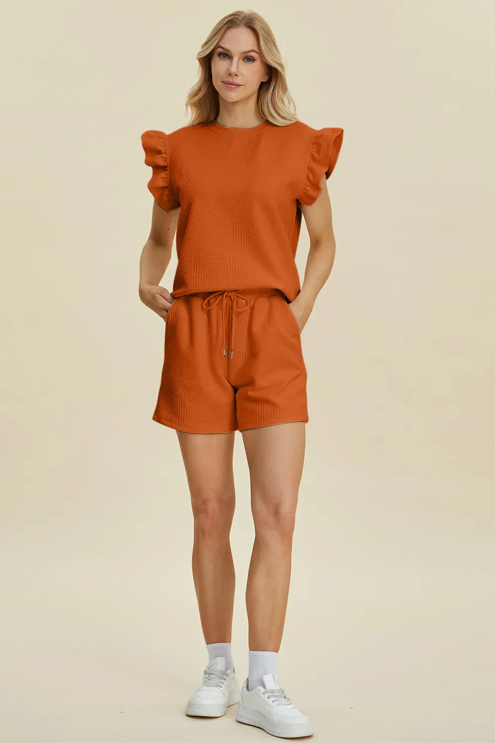 Double Take Full Size Texture Round Neck Ruffle Sleeve Top and Shorts Set West2East Surf