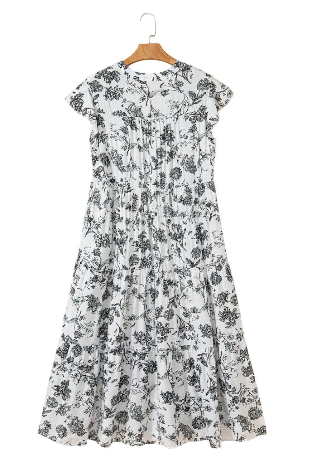 Black Floral Print Piping Trim Notched Neck Ruffle Sleeve Plus Size Long Dress Garden Naked Curves