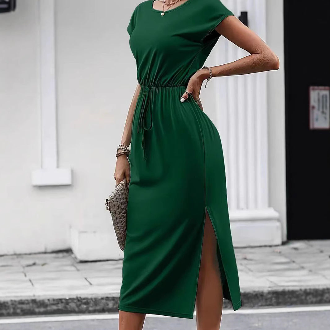 Casual Cinched Waist Slim-fit Round Neck Short Sleeve Dress Grayceful LLC