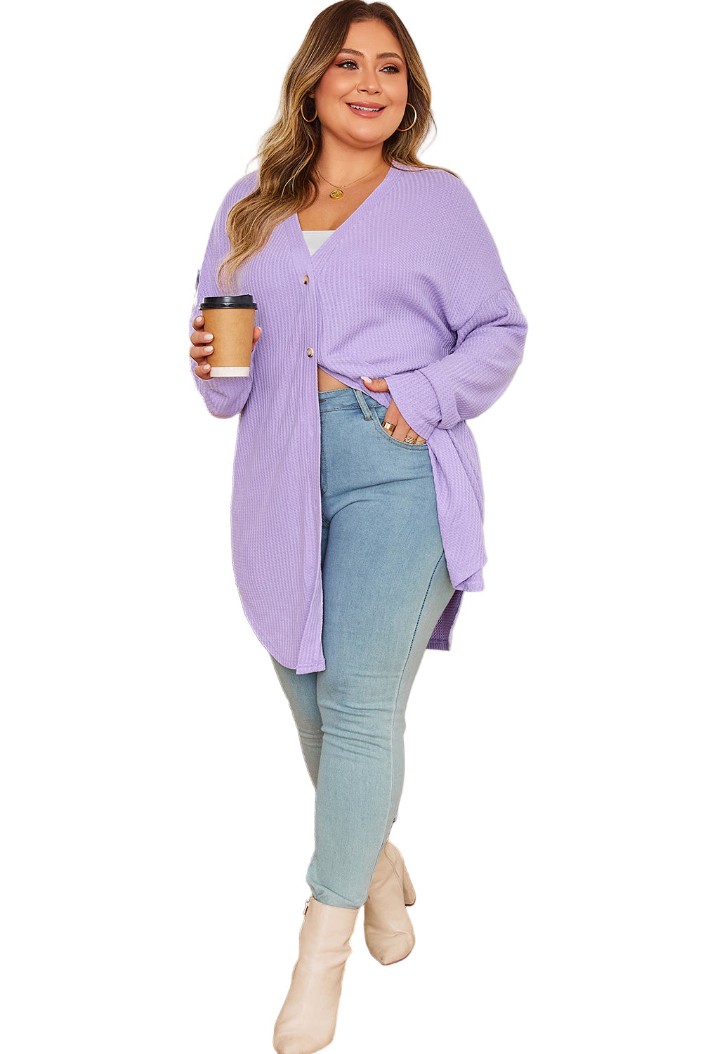 Orchid Petal Plus Size Waffle Knit Button Front Cardigan Garden Naked Curves