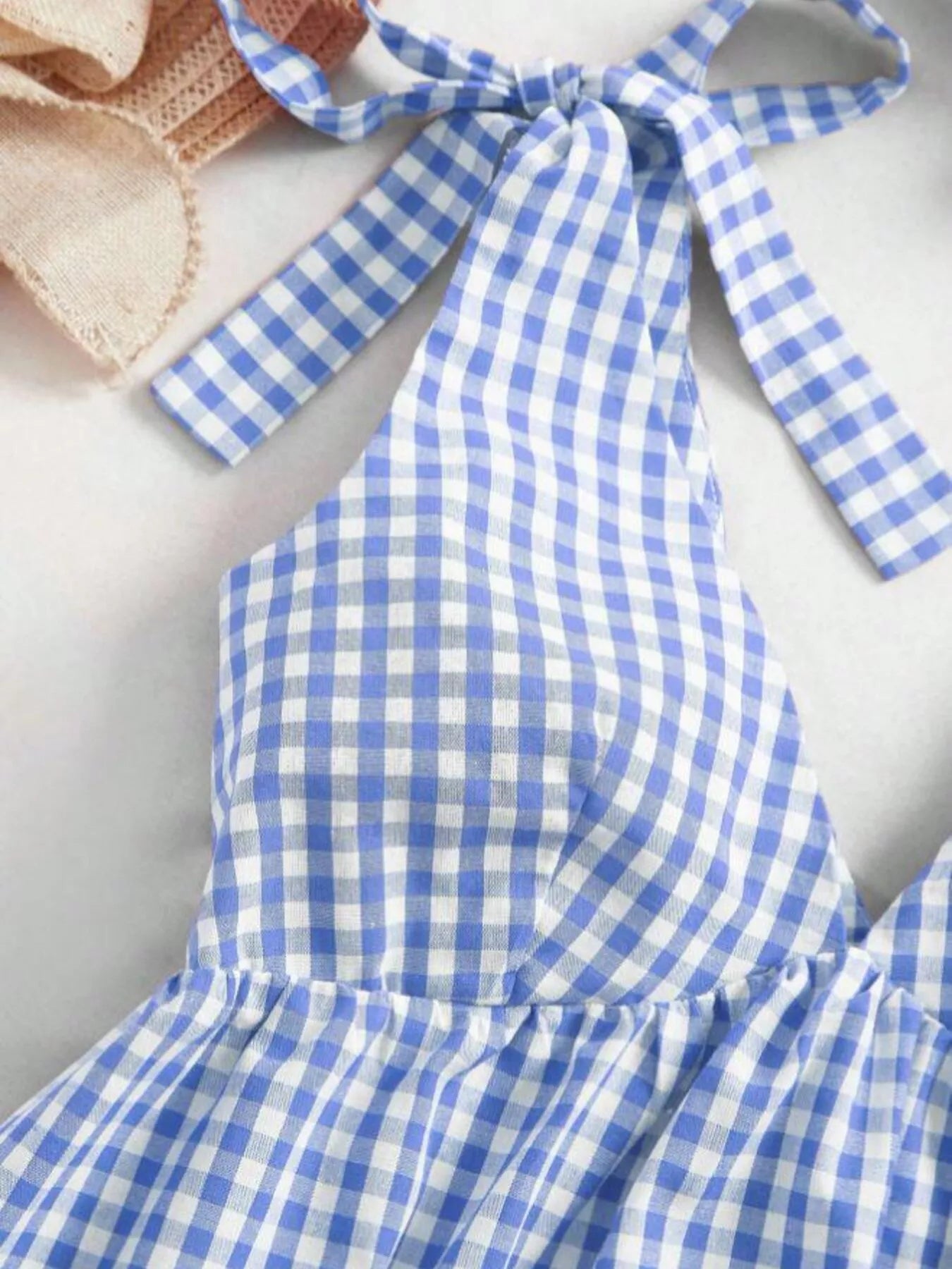 Gingham Tie-Shoulder Ruffle Hem Mini Dress New Era Fashion LLc