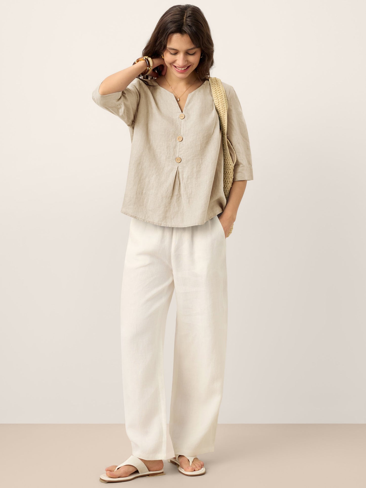 100% Linen Split Neck Inverted Pleat Top TABITHA LINTICO