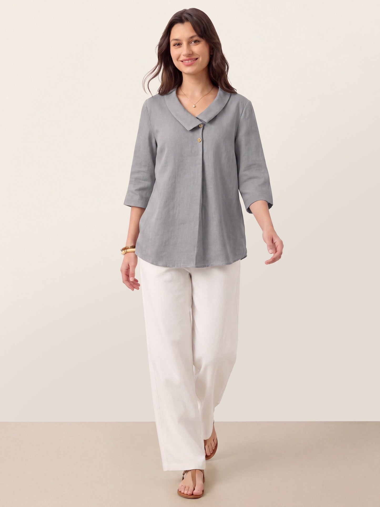 100% Linen Asymmetric Collar Inverted Pleat Top OTTILIE LINTICO