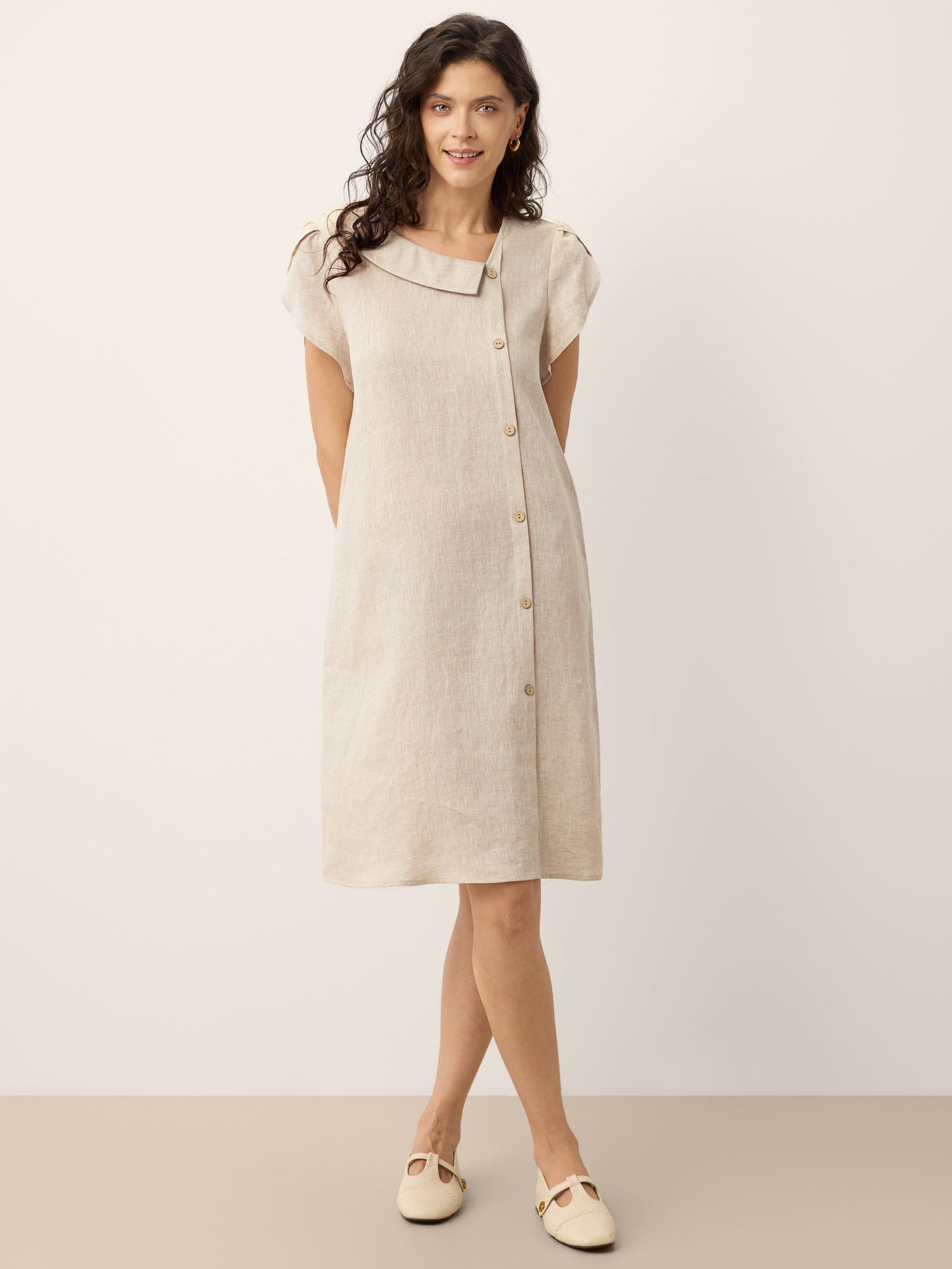 100% Linen Crescent Collar Ruffle Sleeve Mini Dress THERESA LINTICO