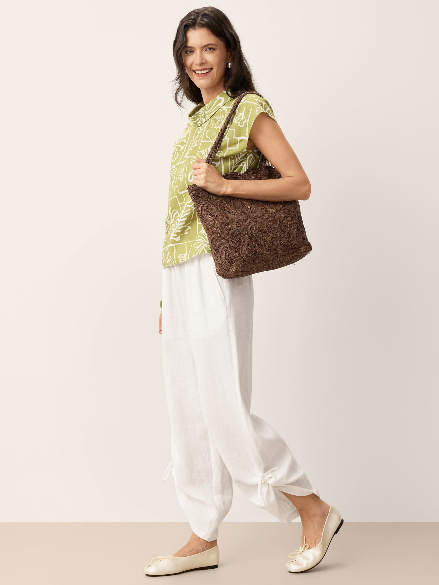 100% Linen Convertible Drawstring Hem Elasticated Waist Wide-Leg Pants YSELINE LINTICO