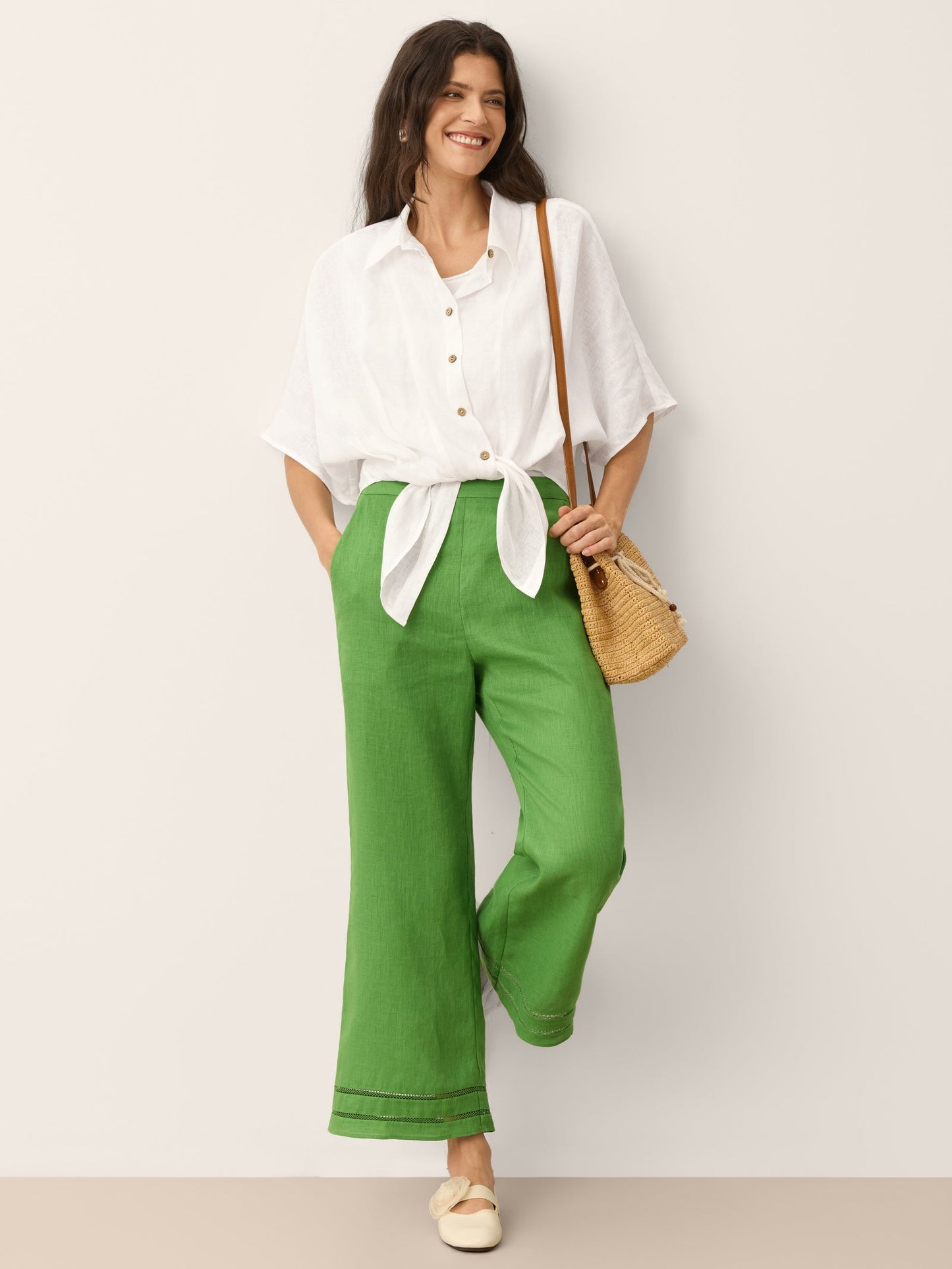 100% Linen Lace Trim Elasticated Waist Cropped Flare Pants NERINA LINTICO