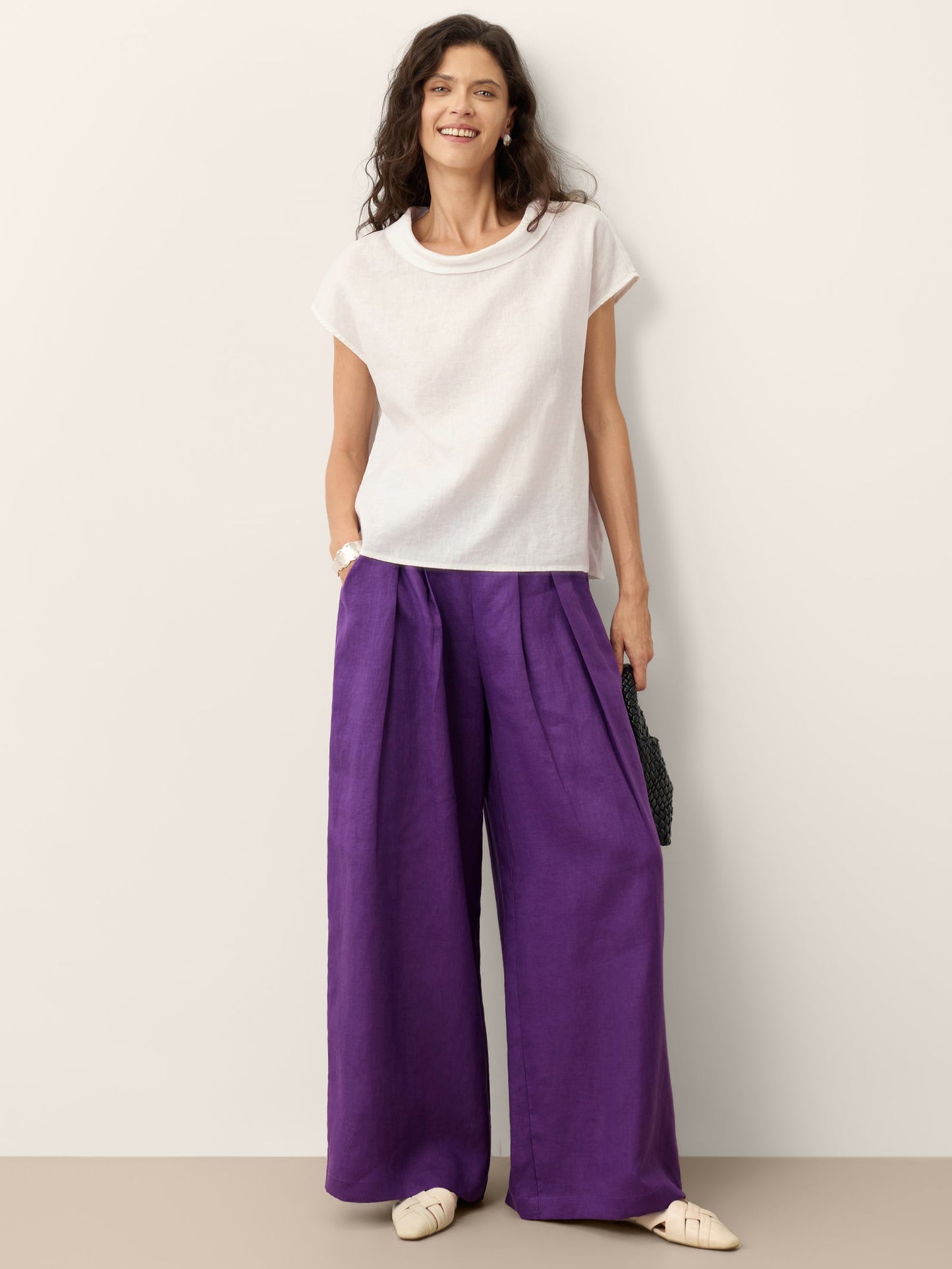 100% Linen Pleated Waist Wide Leg Pants LOUISA LINTICO