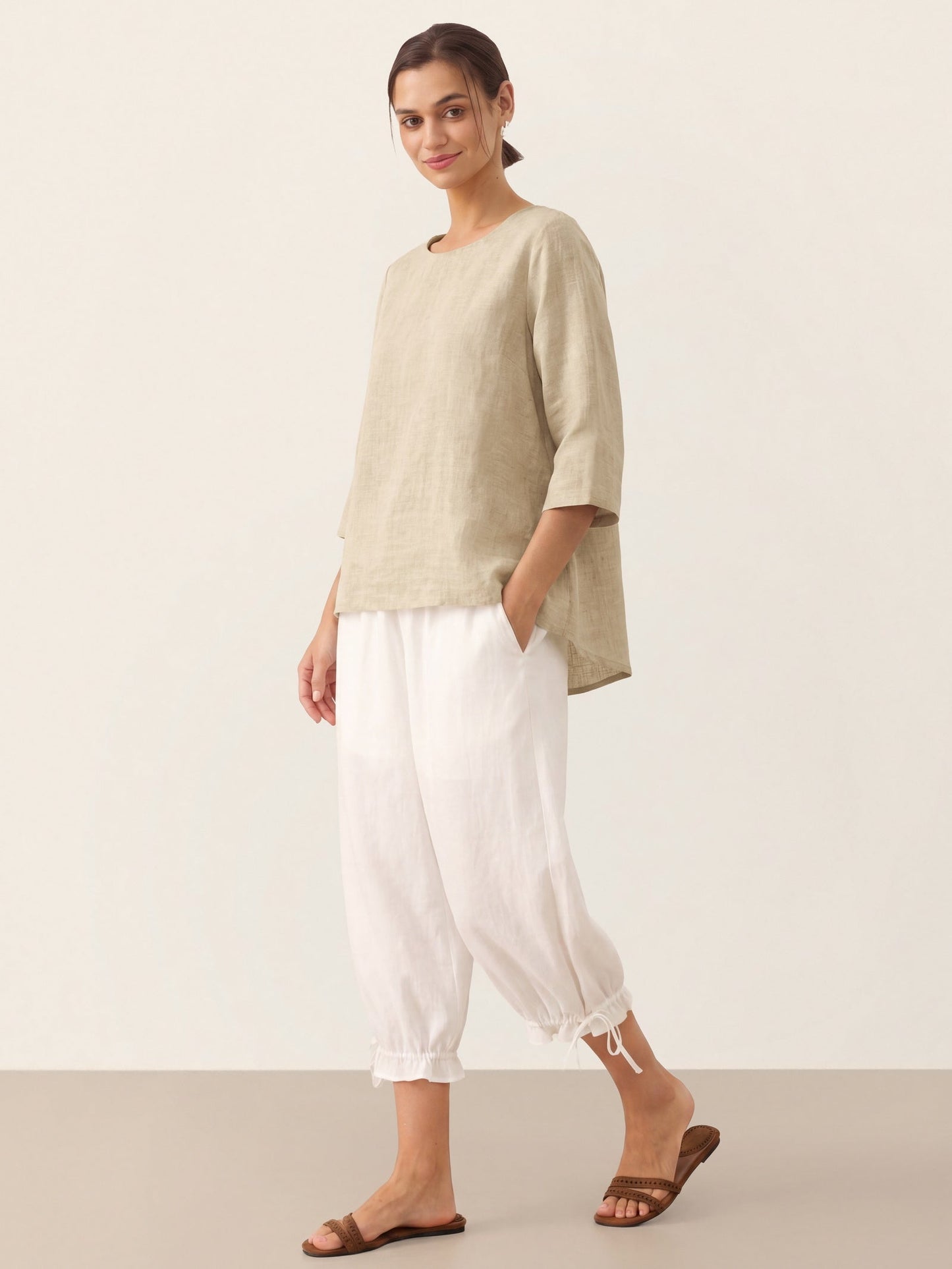 100% Linen Round Neck Asymmetrical Hem Top BRIANNA