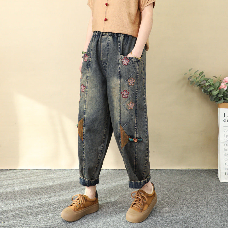 Patchwork Embroidered Cropped Harem Pants – Women's Wide Leg High Waist Denim FitiqueFit