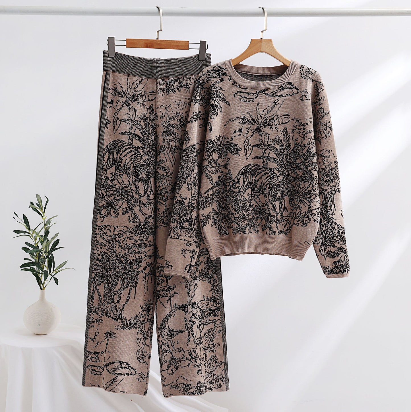 Knitting Patterns Two-piece Set Pullover Long Sleeve Sweater High Waist Wide Leg Top Suit Grayceful LLC