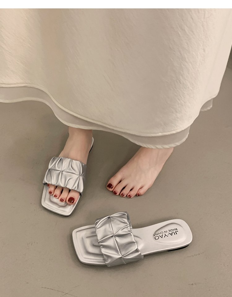 Minimalist Pleated Flat Slide Sandals – Square Toe Faux Leather FitiqueFit