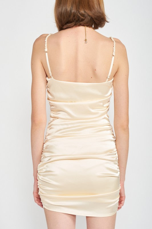 RUCHED SATIN SPAGHETTI STRAP MINI DRESS See size chart under “more details” The Fashion Celestial