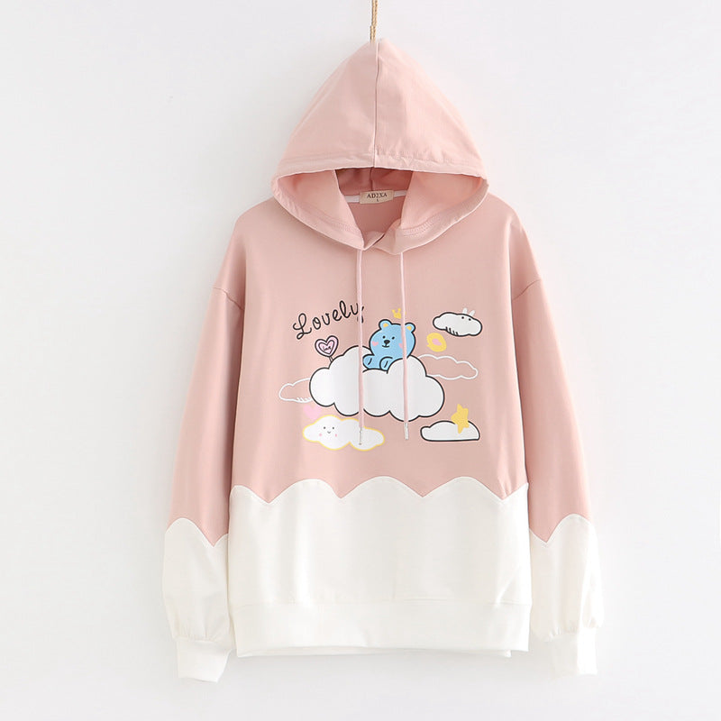 Printed Color-blocking Thin Long-sleeved Hooded Sweatshirt See size chart under “more details” The Fashion Celestial