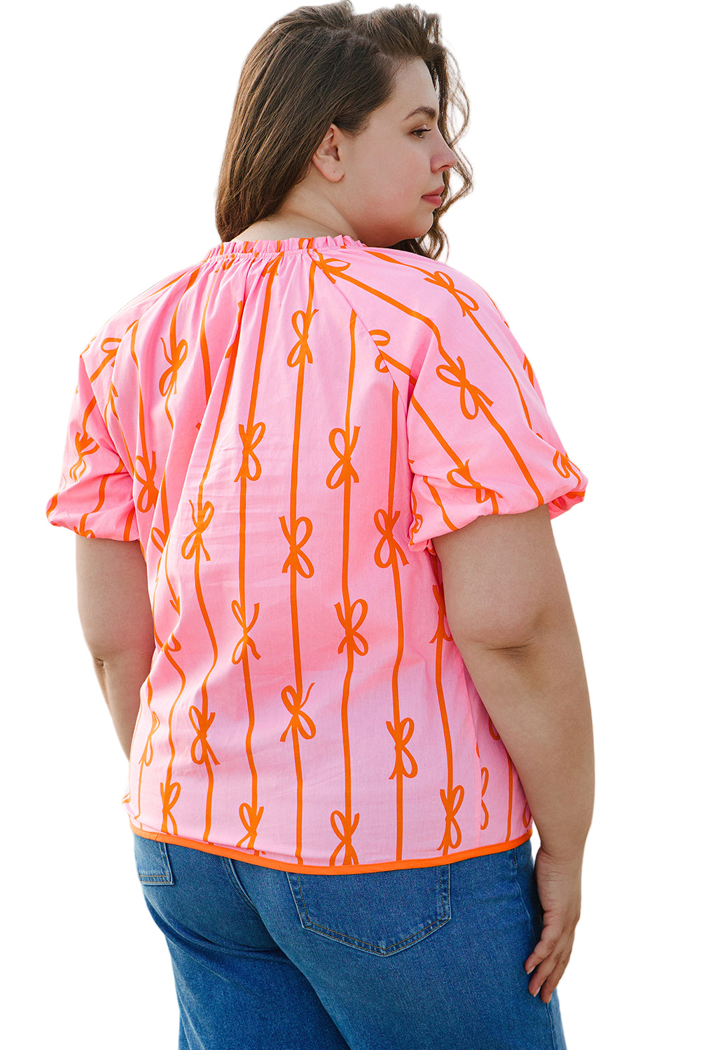 Rose Bowknot Print Shirred V Neck Puff Sleeve Plus Size Blouse Garden Naked Curves