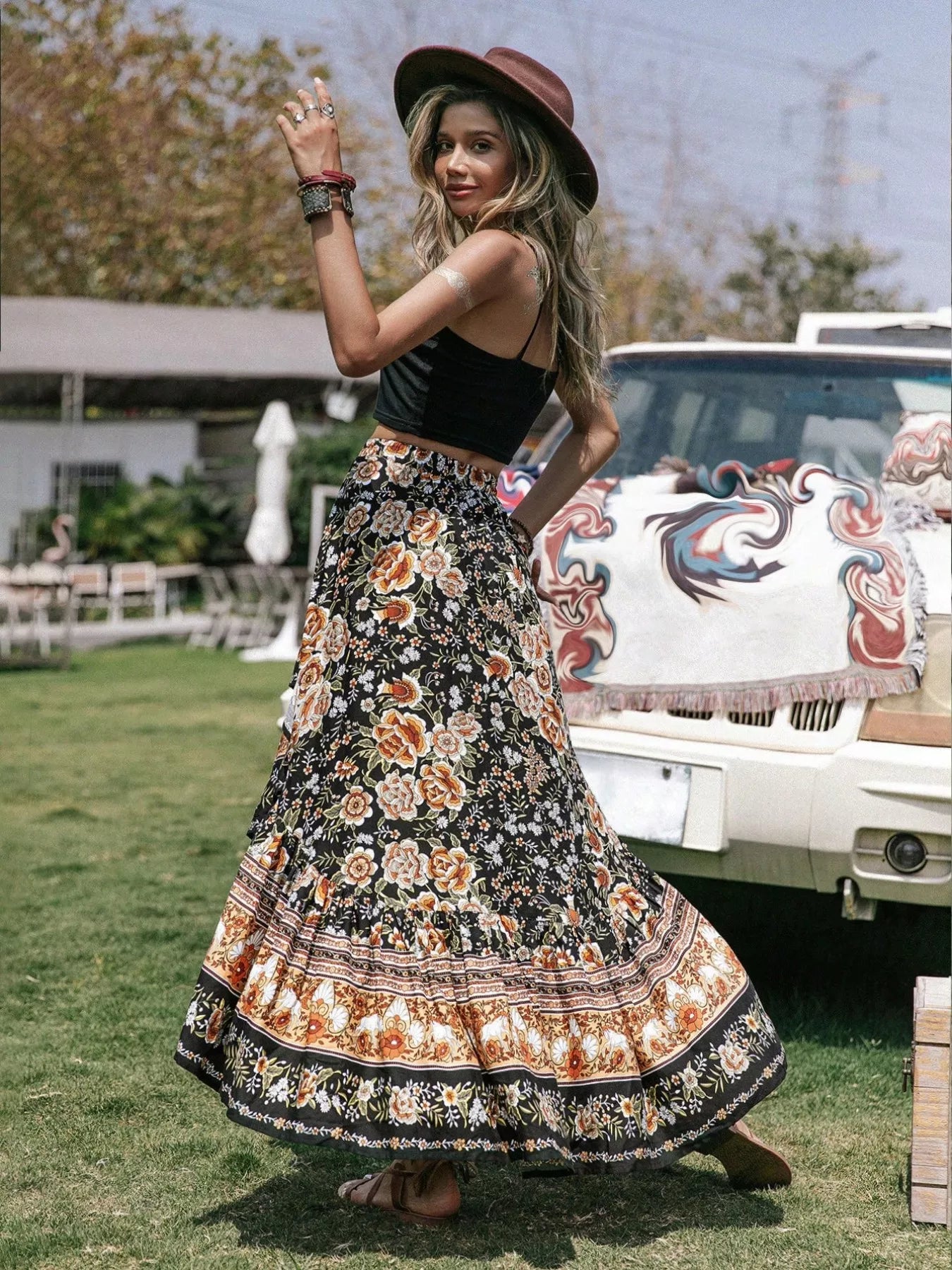 Plus Size Boho Floral Print High-Low Skirt See size chart under “more details” The Fashion Celestial