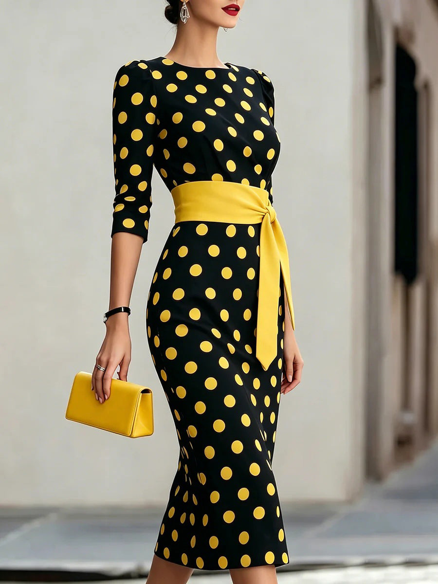 Women's Retro Polka-Dot Bodycon Midi Dress – Belted Cross-Tie FitiqueFit
