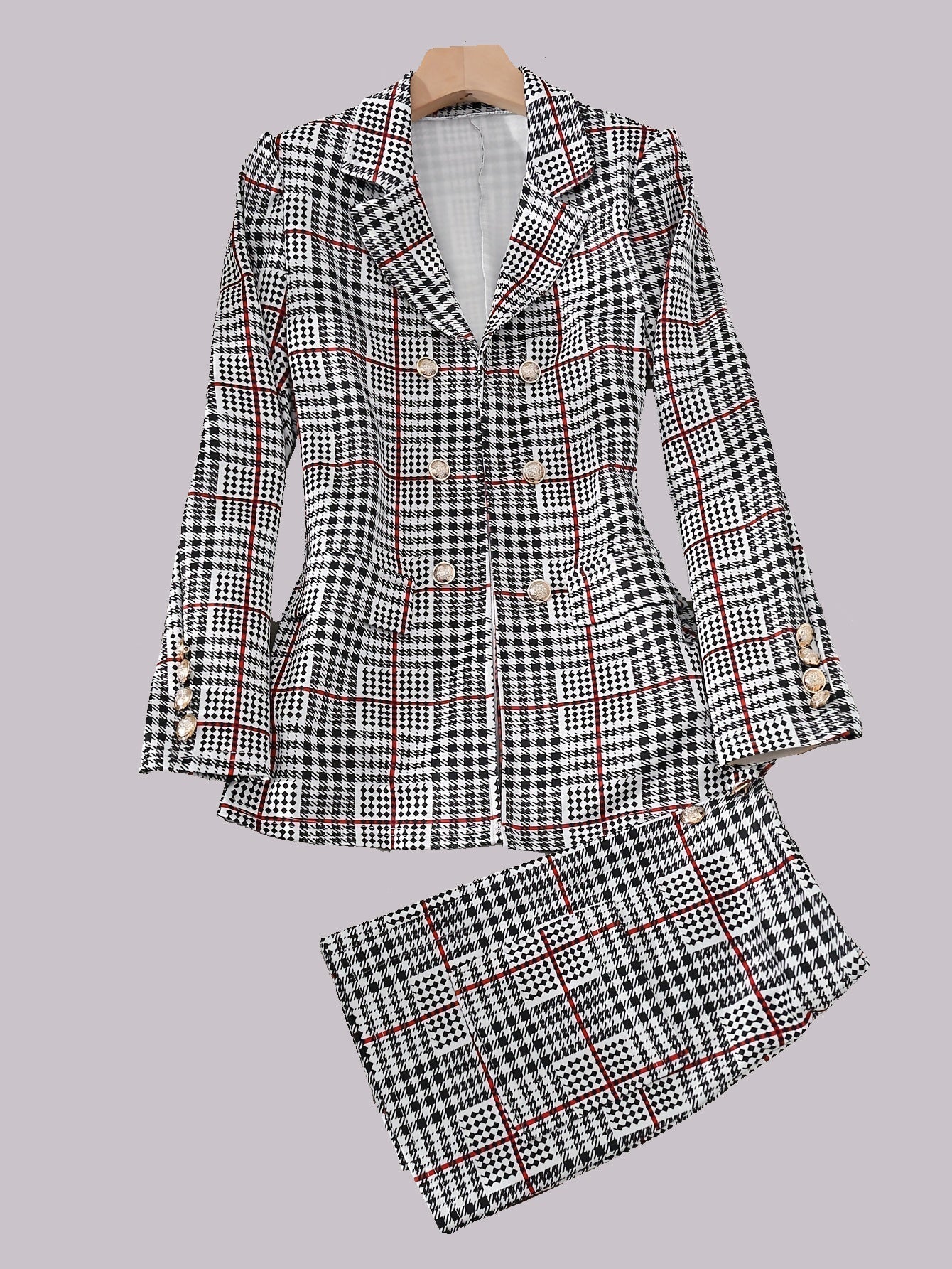 Plus Size Plaid Skirt Suit for Women – Two-Piece Blazer and High Waist Skirt Set FitiqueFit