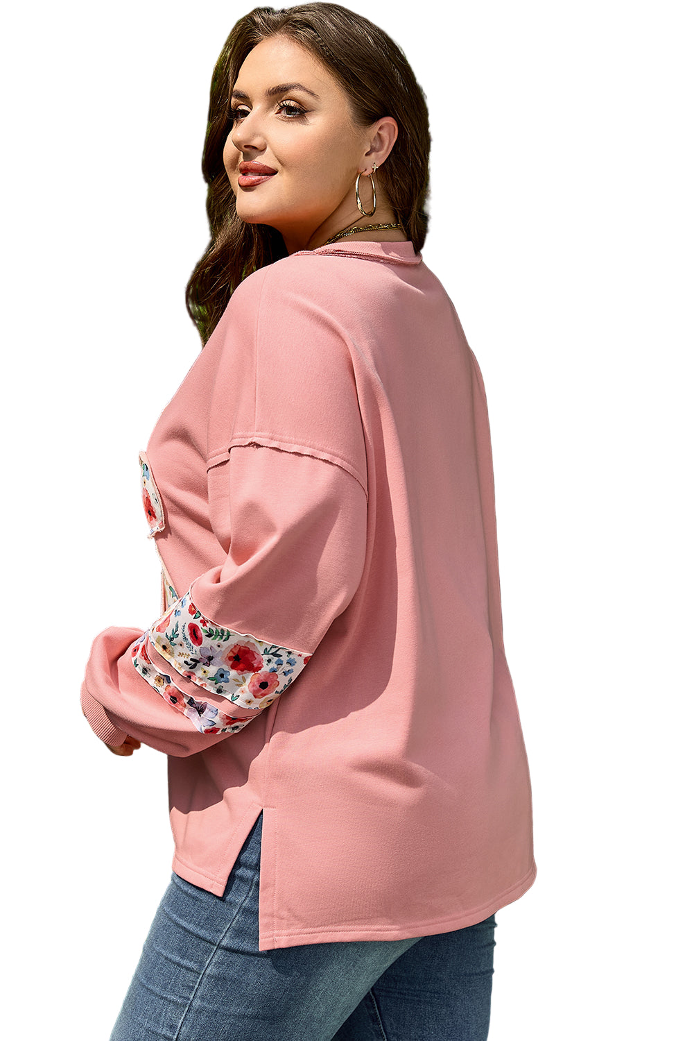 Peach Blossom Plus Size Floral Applique Drop Shoulder Sweatshirt Garden Naked Curves
