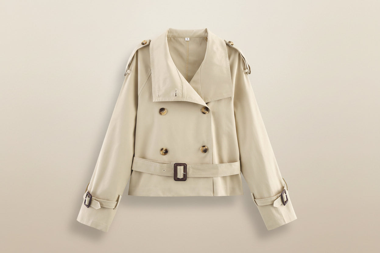 Women's Notch-Collar Short Trench Coat with Belt Buckle Detail FitiqueFit