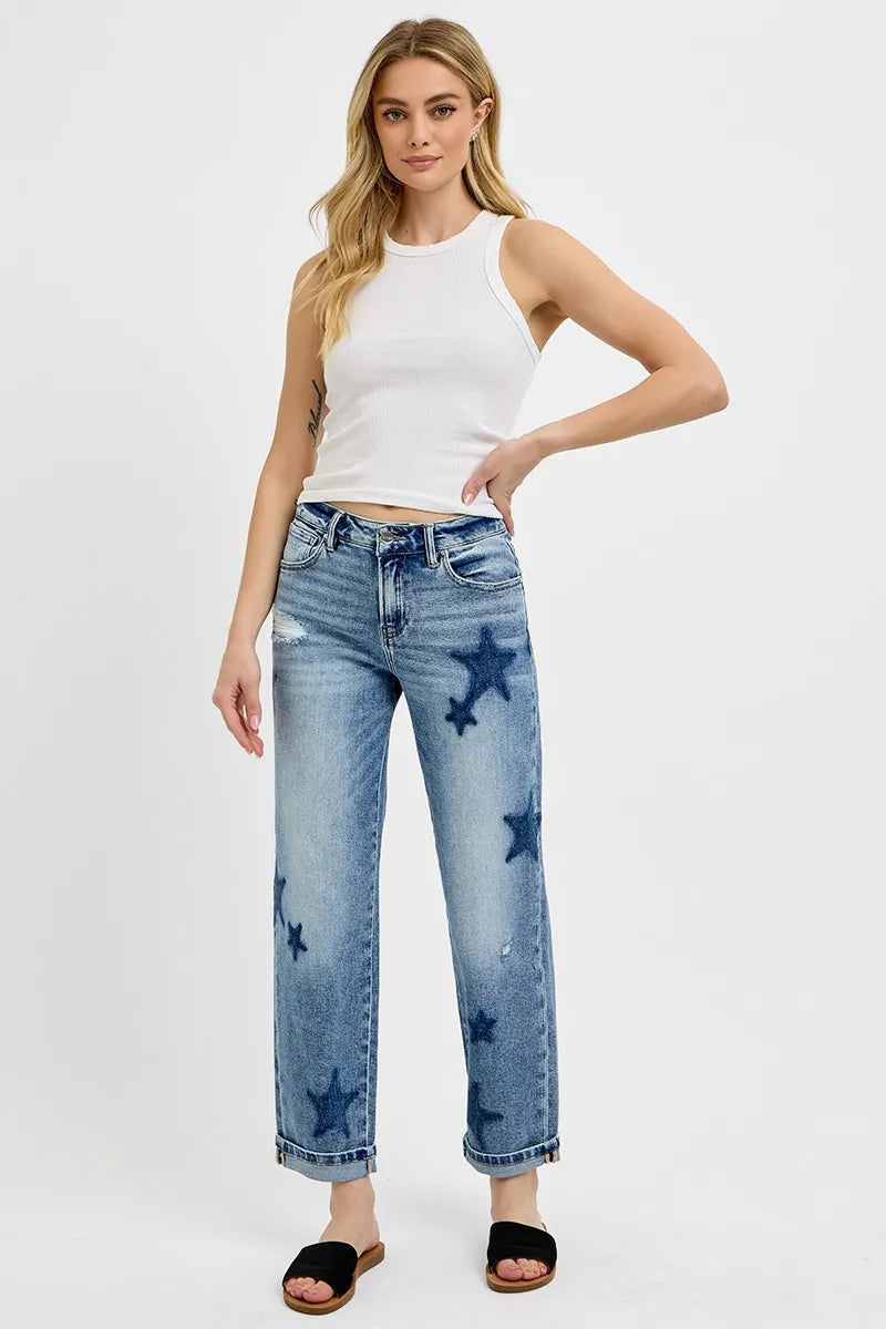 RISEN Full Size Mid Rise Boyfriend Star Shadow Detail Cuffed Jeans Plus Size West2East Surf