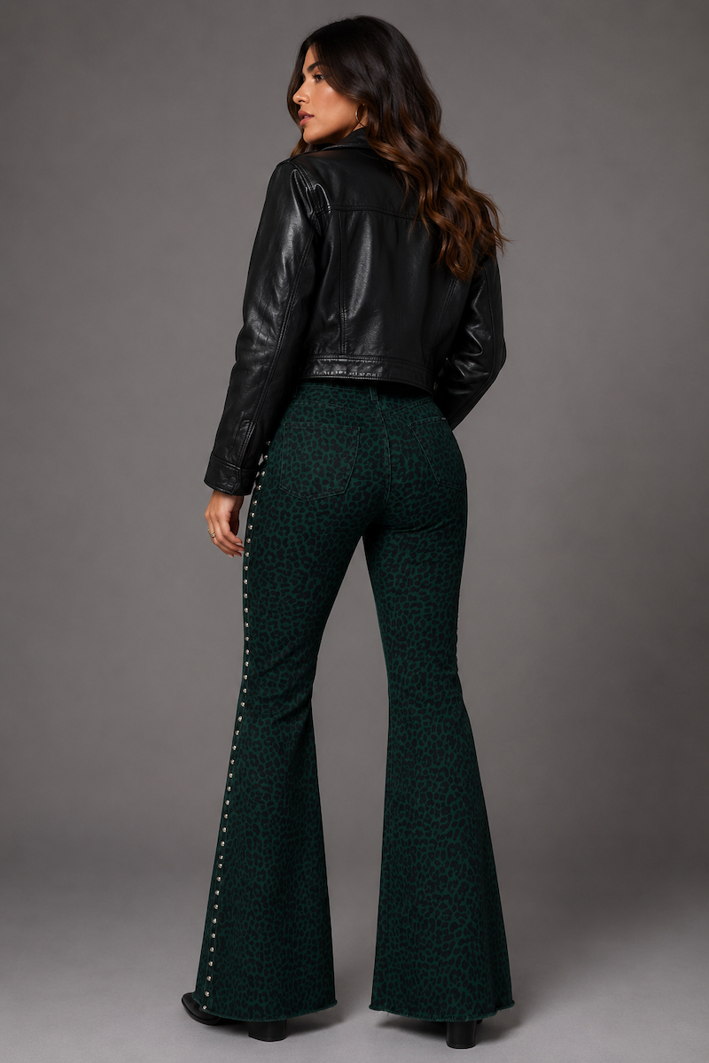 Studded Bell Bottom Jean in Leopard Green GJG DENIM
