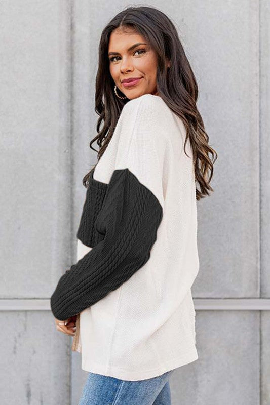 Cable knit color block round neck sweater Shop Style & More | Fresh Looks, Everyday Deals & Free Shipping