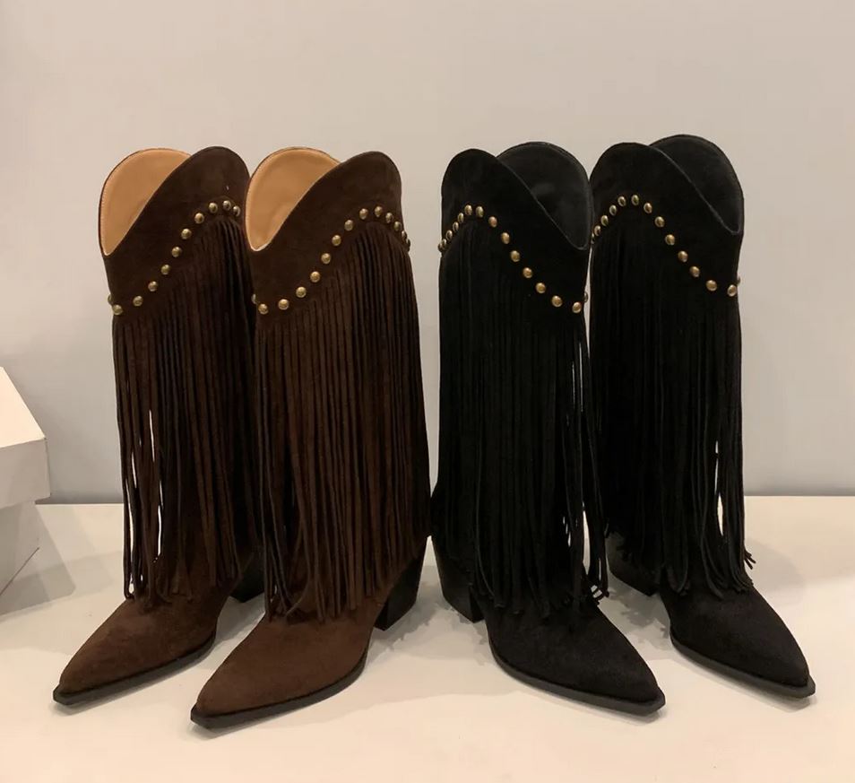 Riveted Fringe Mid-Calf Boots – Stylish Cowgirl Boots with Brass Rivets Country in My Heart