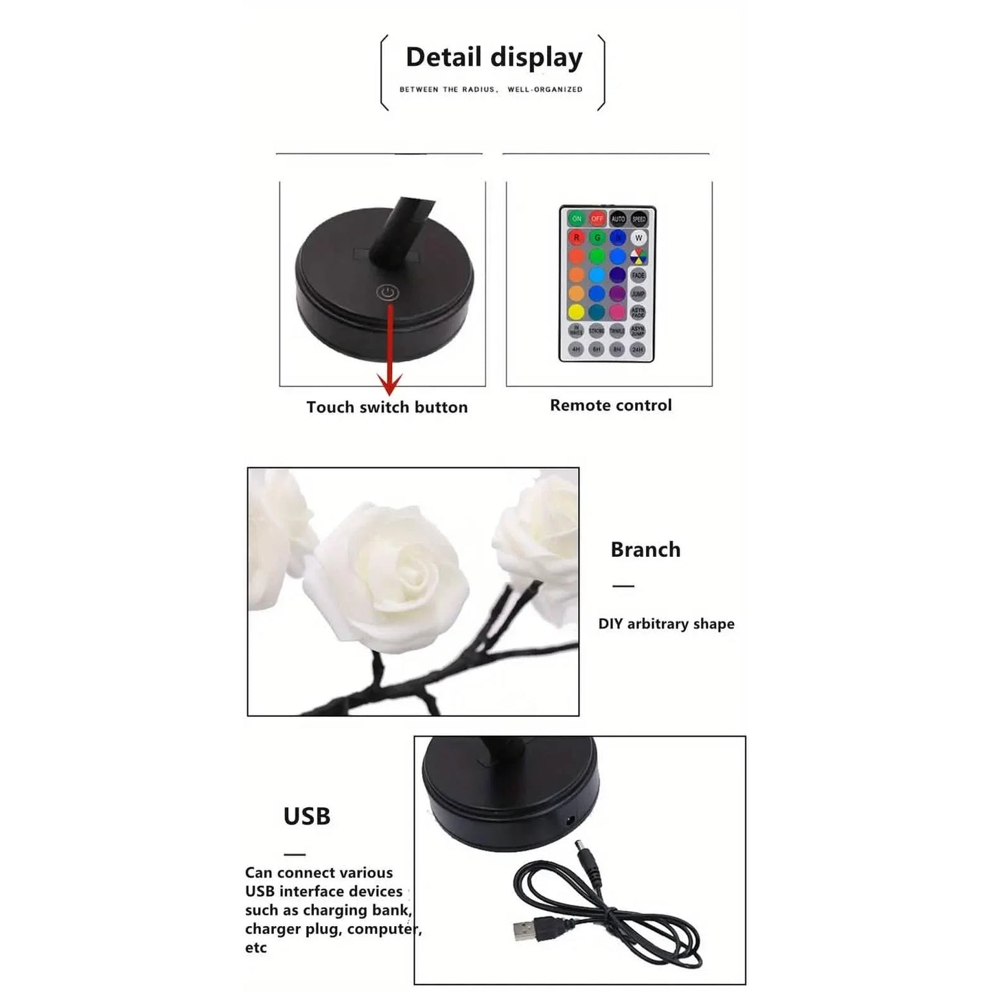 24 LED RGB 16 Colors Rose Tree Night Light Battery And USB Plug Operated Rose Flower Fairy Lights Remote Control DailySale