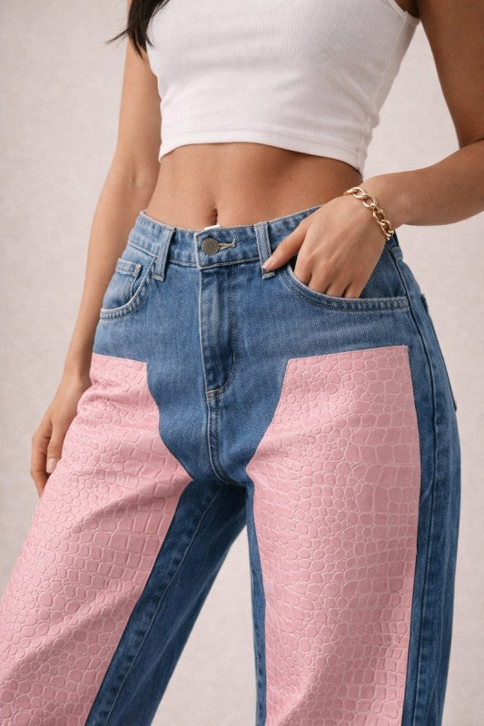 Low Rise Cuffed Jeans with Pink Vinyl Croc Panels See size chart under “more details” The Fashion Celestial