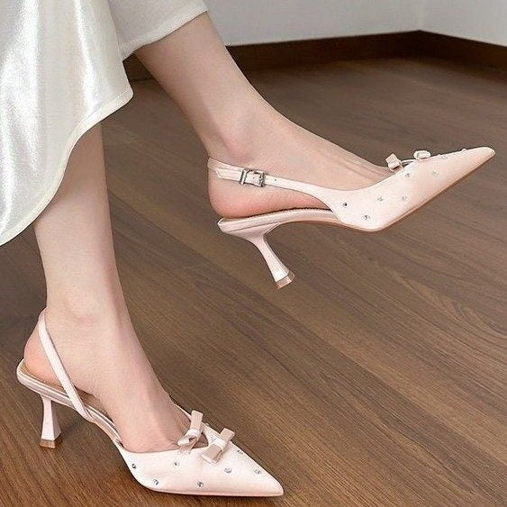 Women's Closed Toe Slingback Stiletto Heels – Bowknot & Rhinestone Sandals FitiqueFit