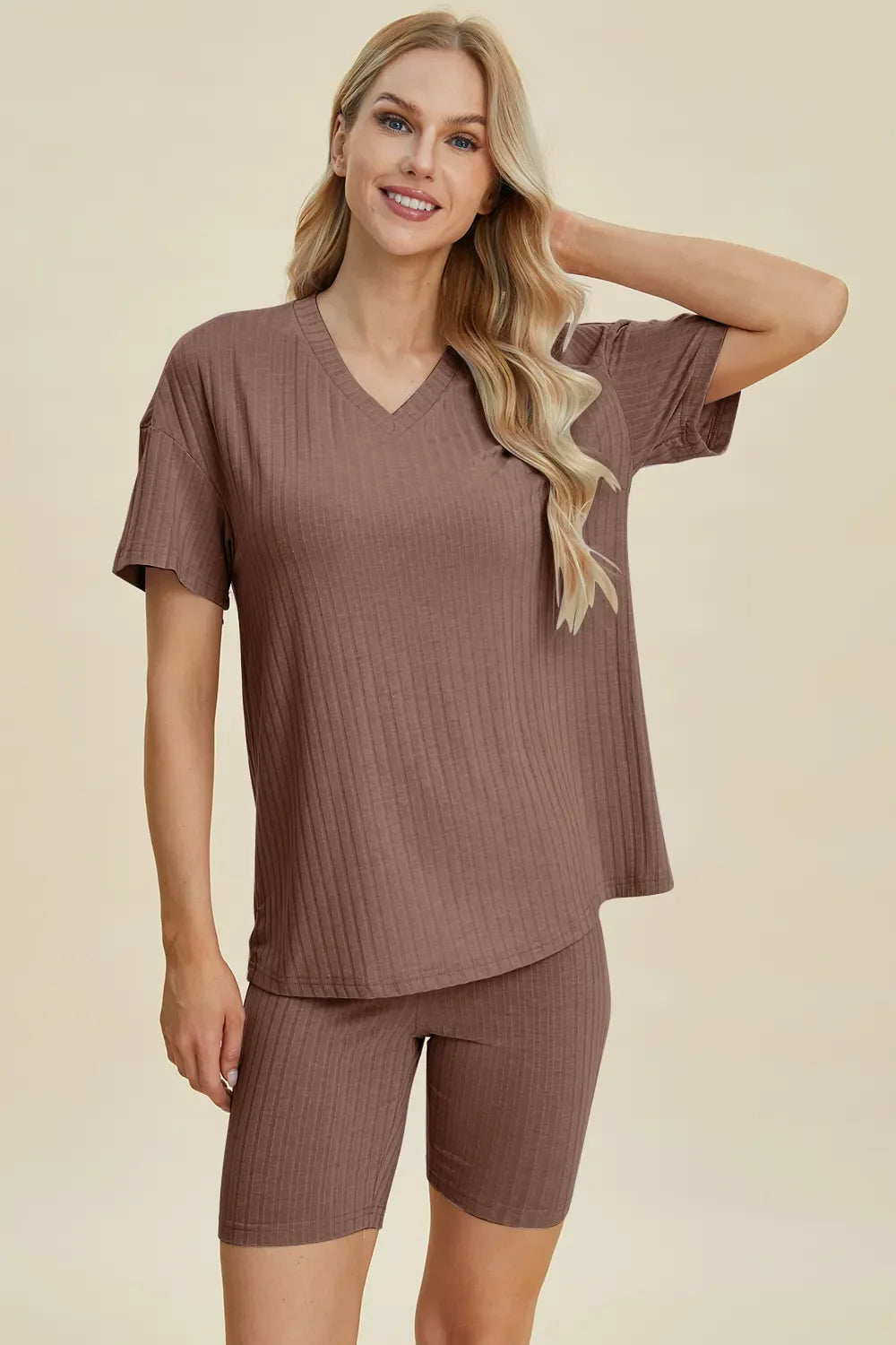 Basic Bae Full Size Ribbed V-Neck Short Sleeve Top and Shorts Set New Era Fashion LLc