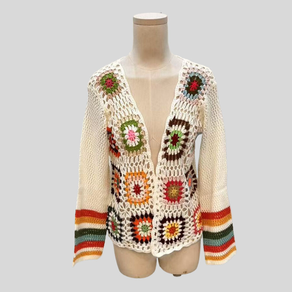 Hand-Crocheted Floral Cardigan Sweater | Boho Open Front Knit Top FitiqueFit