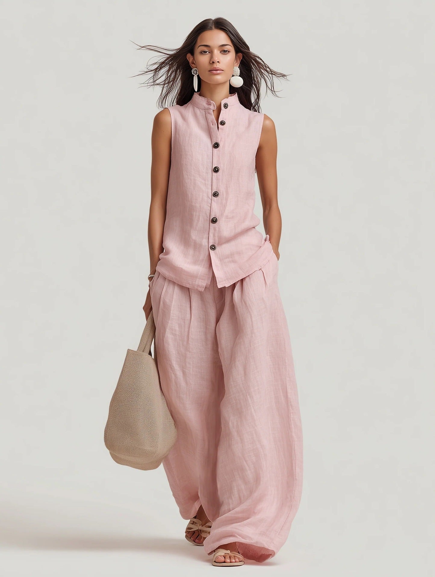Women's Stand Collar Sleeveless Top & High-Waist Wide-Leg Pants Set FitiqueFit