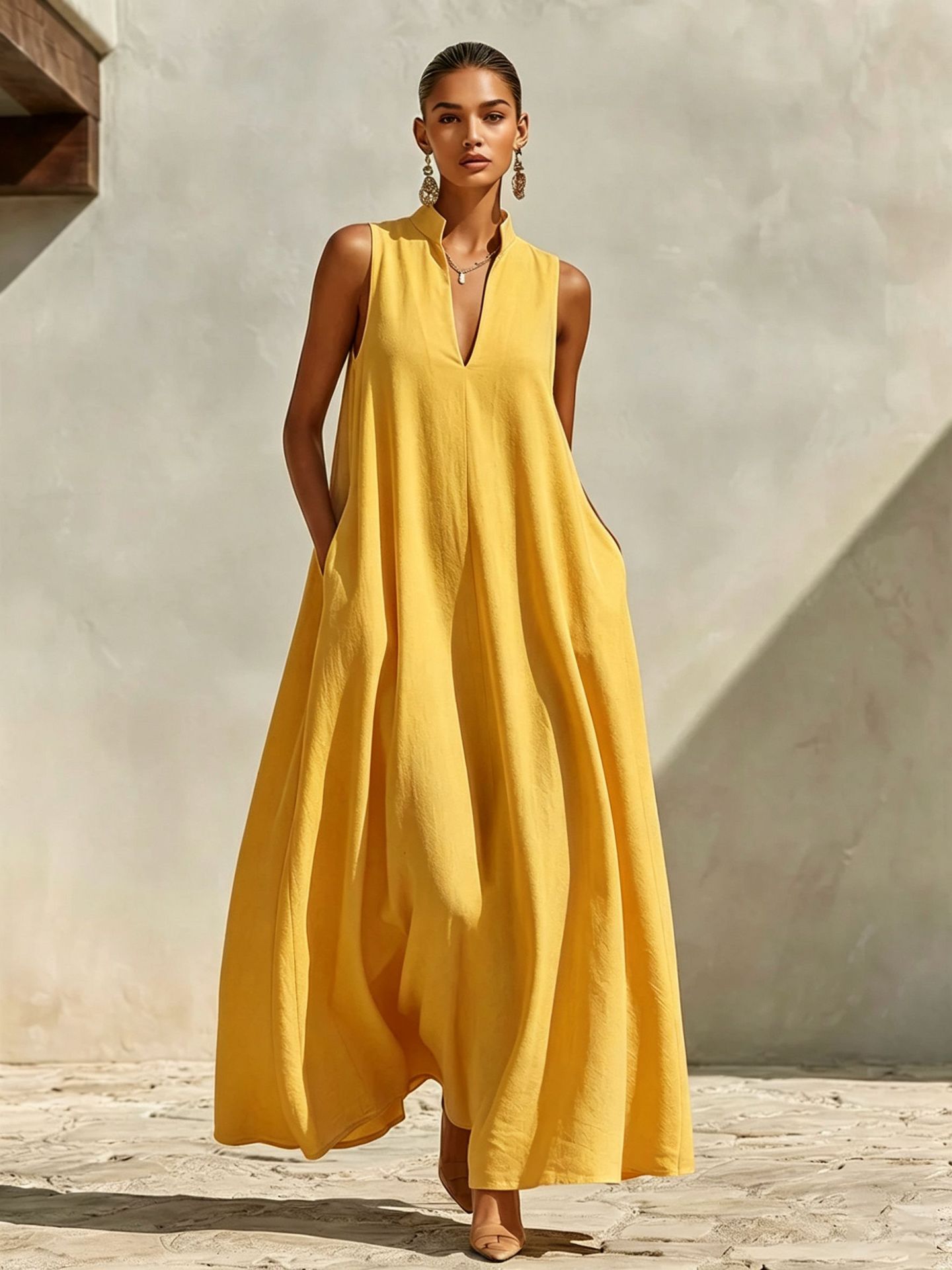 Linen Blend Sleeveless Stand-Collar Maxi Dress – 5 Colors S–3XL FitiqueFit