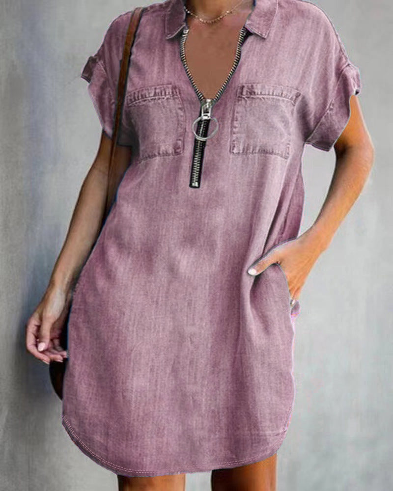 European And American Lapel Short Sleeve Loose Dress Denim Shirt Grayceful LLC