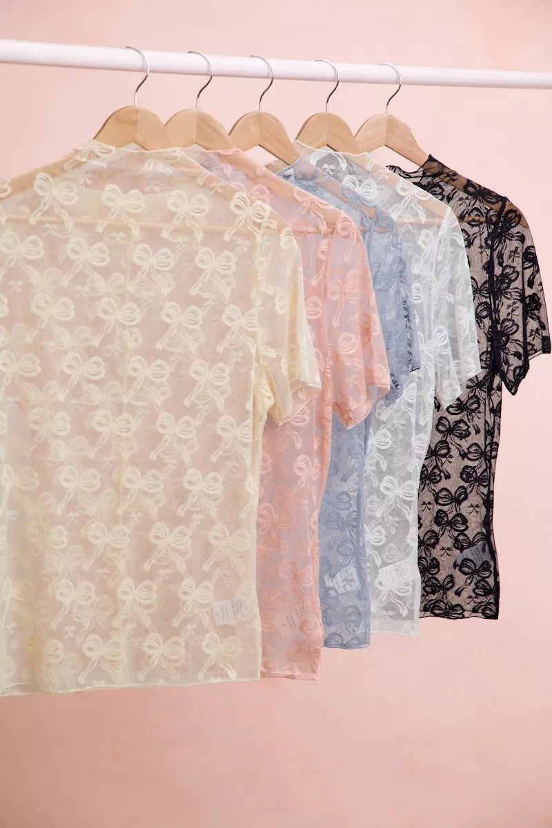BiBi High Neckline Short Sleeves Bow Pattern Mesh Top New Era Fashion LLc