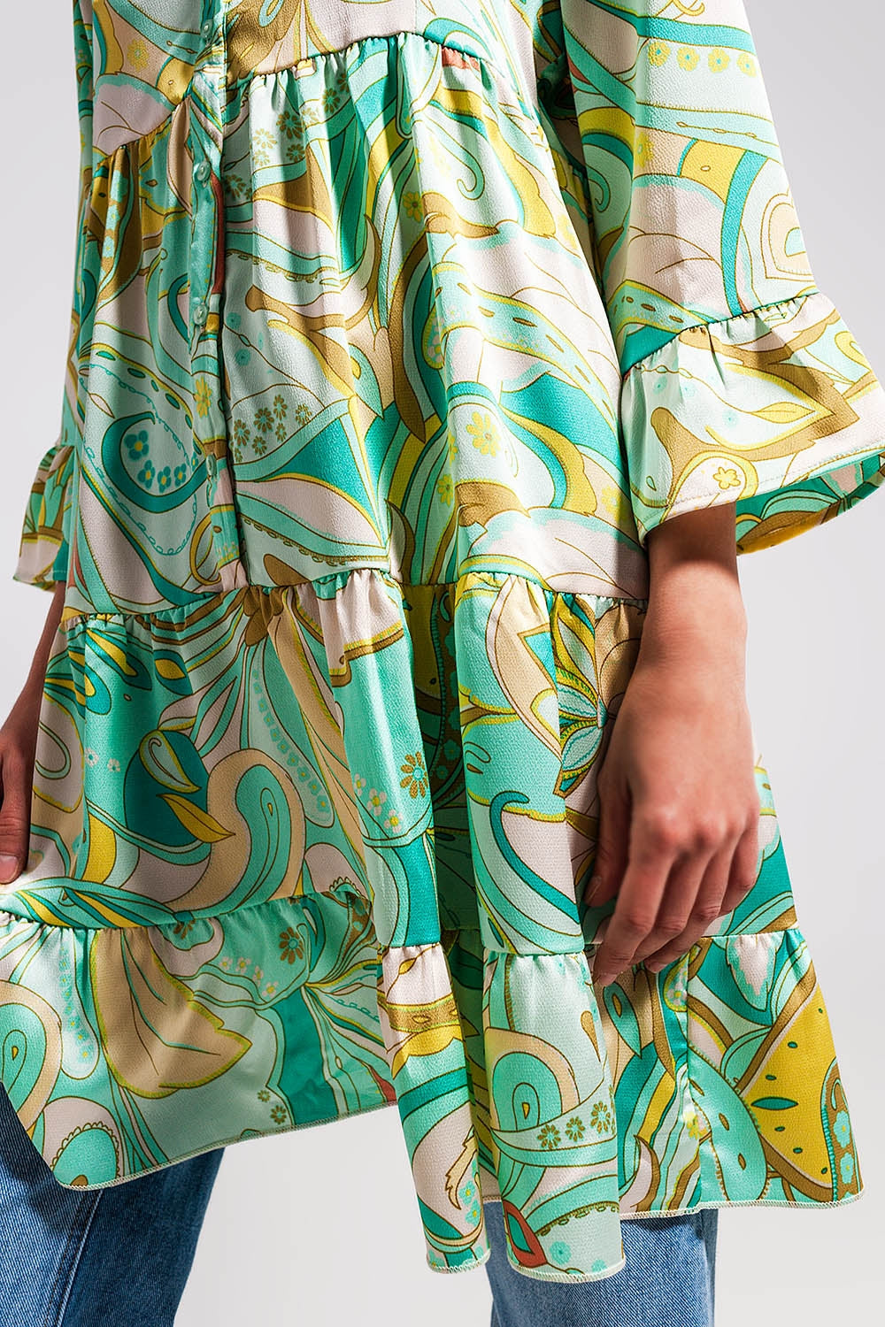 3/4 sleeve mini dress in green Q2store