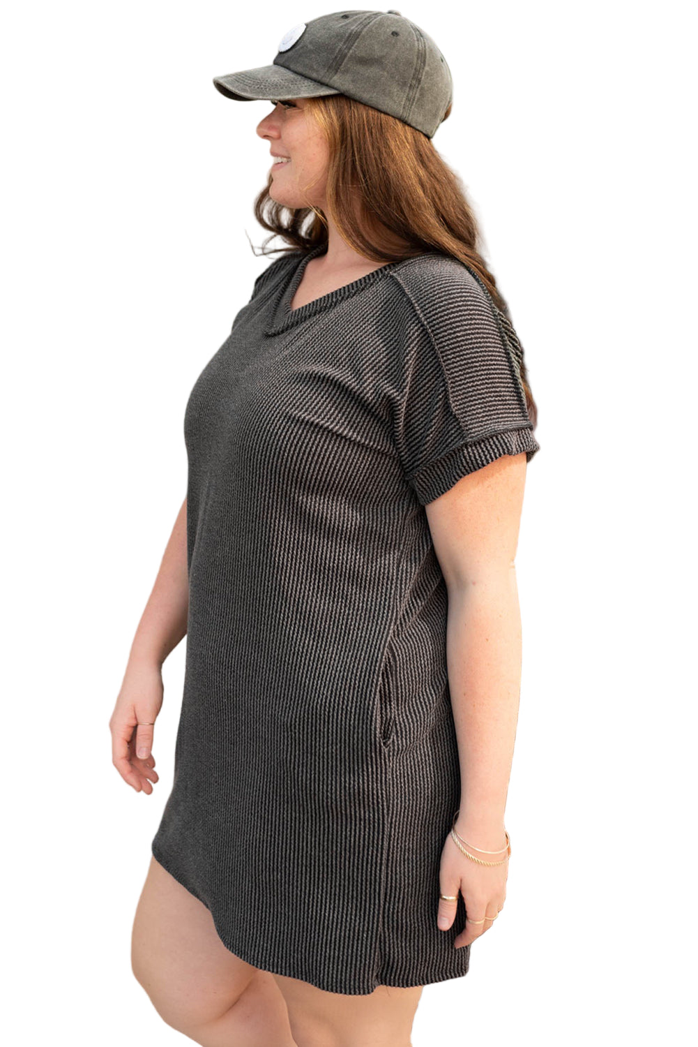 Carbon Grey Corded V Neck Plus Size T Shirt Dress with Pockets Garden Naked Curves