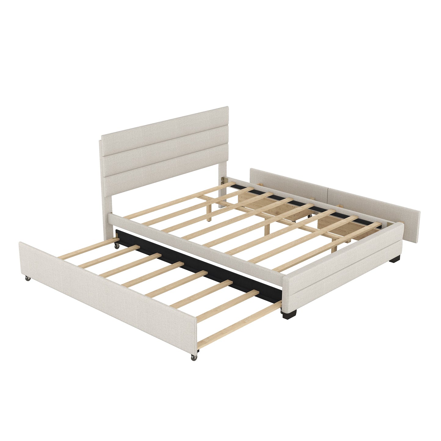 Queen Upholstered Platform Bed with Twin Size Trundle and Two Drawers Beige