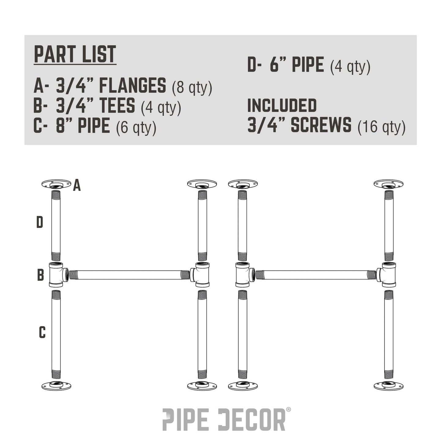 3/4 in. H Round Flange Pipe Kit for Coffee Table/Bench Legs PIPE DECOR