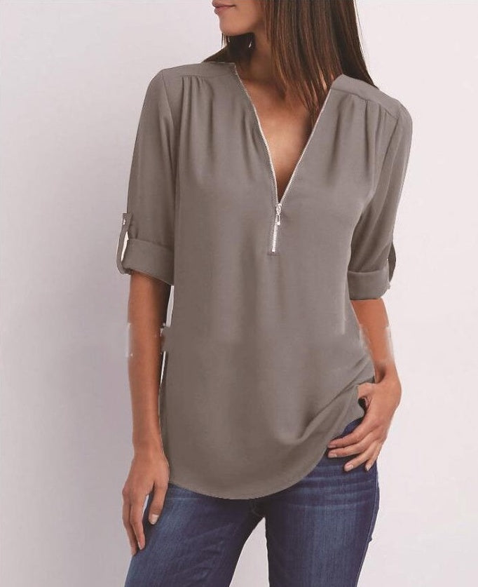 Women's Short-Sleeve Zip V-Neck Loose Top FitiqueFit