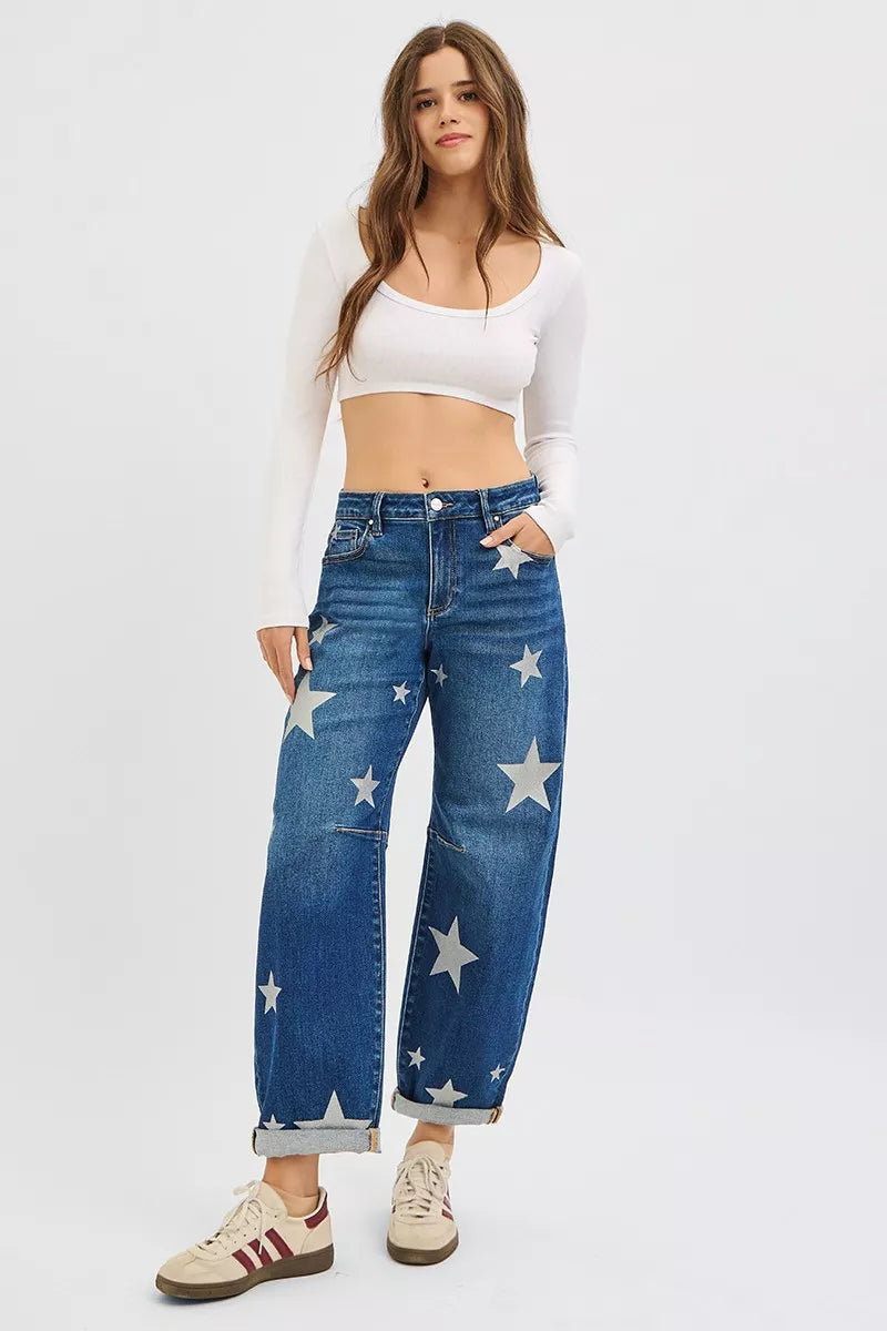 RISEN Mid Rise Ankle Length Relaxed Barrel Star Printed Jeans West2East Surf